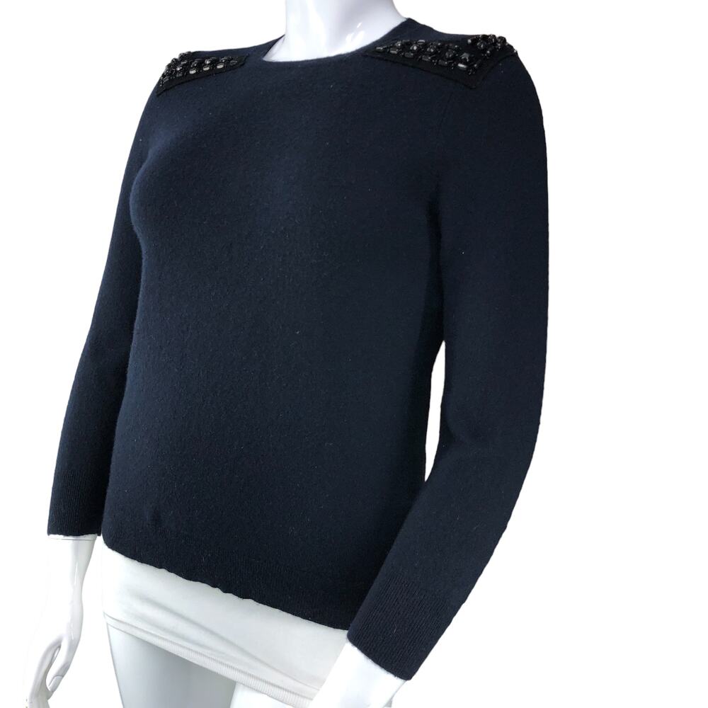 J Crew with Cashmere Womens Size M Sweater Beaded Shoulder Knit Wool Black
